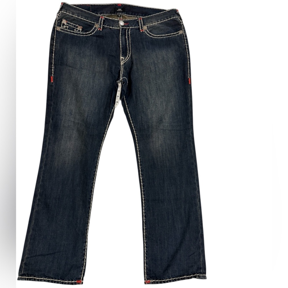 ***SOLD***True Religion Ricky Dark Blue Jeans, White Stitching and Red Accents